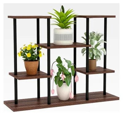 Produktbild von 4-stufiger Pflanzenständer, 61,5 cm hoch, Blumenregal aus Holz, mehrstöckige Blumentreppe für Innen und Außen, Blumentopfständer für Wohnzimmer, Garten und Balkon, verkohlt