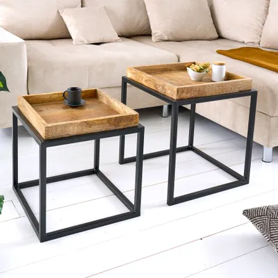 Produktbild von riess-ambiente 2er Set Beistelltisch SERVITEUR 50cm natur Mangoholz schwarzes Metallgestell Couchtische massiv Couchtisch Tisch