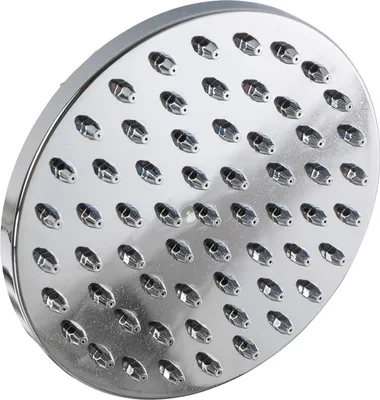 A close-up, angled view of a round shower head with multiple spray nozzles.