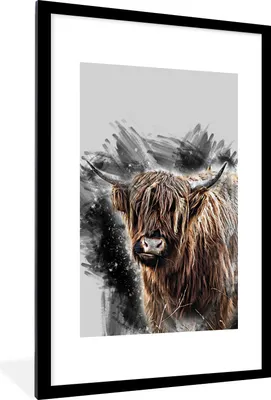 Produktbild von MuchoWow® MuchoWow® Gerahmtes Poster Schottisches Hochlandrind - Schwarz - Tiere 60x90 cm - Poster mit zchwarzem Bilderrahmen - Dekoration - Wandposter Wohnzimmer - Hochwertig
