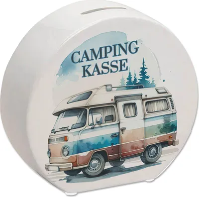 Produktbild von Campingwagen Spardose mit Spruch Campingkasse