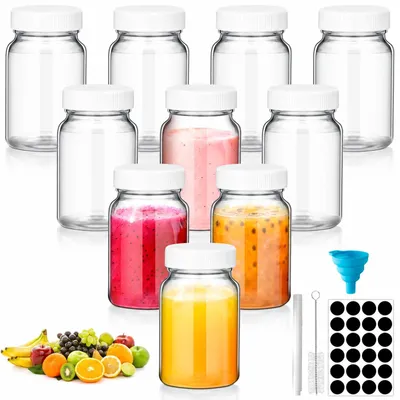 Produktbild von VINATO 10er Set Mini-Glasflaschen 60ml mit Deckel, Ingwer Shot Flaschen Glas, Kleine Glasflaschen zum Befüllen, inkl. Trichter & Etiketten für Ingwer Shots, Mini-Gläser für Obst, Marmeladen (Weiß)