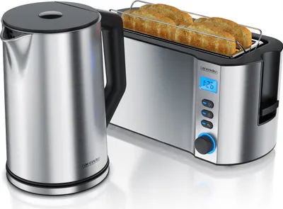 Produktbild von Arendo Frühstücksset 2-teilig, 4-Scheiben Langschlitztoaster MANHA + Edelstahl Wasserkocher 1,5l, Silber