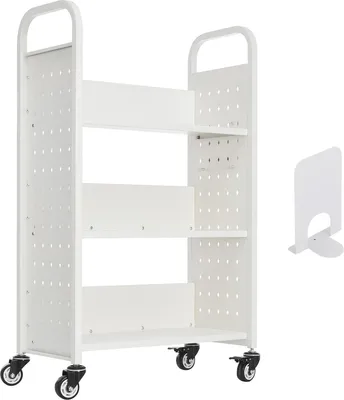 Produktbild von SucceBuy Bücherwagen mit 150 kg Tragkraft, einseitiges L-förmiges Regal, 77 x 38 x 122 cm, ausgestattet mit Doppelbremsrollen, ideal für Wohnzimmer, Büro und Schule, Weiß