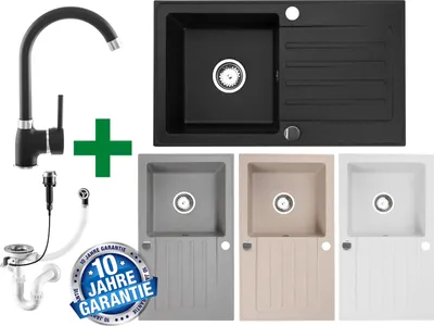 Produktbild von [Granitspüle 76x44+ Armatur] Hochwertig beidseitig Montierbar Küchenspüle Eckig Einbaugranitspüle Granit Spülbecken f. Unterschränke ab 45 cm  in verschiedenen Farben inkl.Siphon Set , K-Farbe:Schwarz