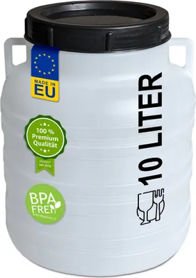 Produktbild von plasteo® 10 Liter Weithalsfass natur mit Deckel und Griffen, Lebensmittelecht BPA-Frei Campingtonne Sauerkrautfass Futtertonne Schraubdeckelfass