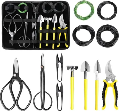 Image de Set complet d'outils pour bonsaïs 13 pièces avec ciseaux Mini râteau Pelle et fil de fer Acier et aluminium de haute qualité Idéal pour les débutants et les experts