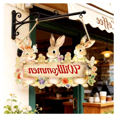Produktbild von 2er Set Türschilder für Ostern und Frühling - Beidseitig bedruckte Schilder mit Willkommen und Frohe Ostern - Lustige Dekoration für Haustür, Zuhause und Garten