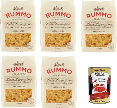 Produktbild von Rummo Farfalle n° 85 Pasta Lenta Lavorazione Teigwaren aus Hartweizengrieß Bronze-Zeichnung 5x 500g + Italian Gourmet polpa 400g