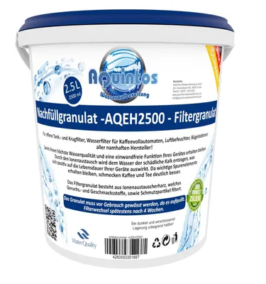 Produktbild von Aquintos Kalkschutz++ Nachfüll Granulat für Wasserfilter Kaffeevollautomaten Tischwasserfilter Filterpatrone Aquintos-Water-Technologie 2,5Liter Refill Filtergranulat AQEH auch für sehr hartes Wasser geeignet. AQEH2500