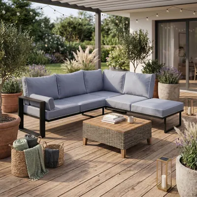 Produktbild von BEAUTYSOFA | VERDINO Gartenecke Blaugrau 2R2 Offen – Garten Lounge Ecke wetterfest mit Metallrahmen, Outdoor Ecksofa, SIMAX 42, KI-generiertes Bild