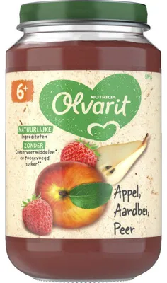 Obrázok produktu pre Olvarit jablko jahoda hruška detská kaša 6+ mesiacov 200 g, bez pridaného cukru