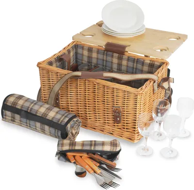 Produktbild von CampFeuer Picknickkorb 4 Personen mit Geschirr-Set und Serviertisch, 25-teilig, Weidenkorb mit Kunstlederriemen