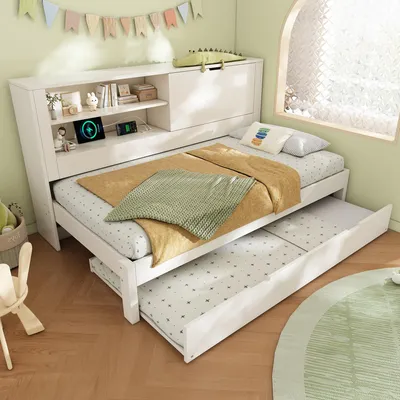 Produktbild von Schlafsofa Einzelbett 90×190 cm mit Ausziehbett 90×190, weißes Bettgestell mit Stauraum‑Rückwand, offenes Fach, verdeckter Klapp‑Stauraum, USB/USB‑C