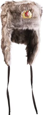 A close-up studio shot of a fur hat with ear flaps and a Soviet-style emblem.