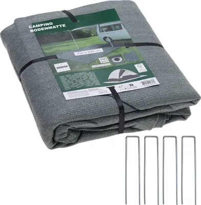 Immagine prodotto di 3.04 Tappeto da campeggio con 4 occhielli e picchetti in metallo - circa 300 x 250 cm - Telone da pavimento 140 g/m2