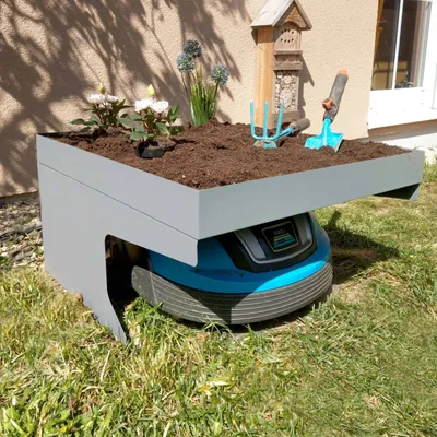 Produktbild von Garáž pre robotickú kosačku s boxom na sadenie HWC-G60, strešný prístrešok pre kosačku, kovový 37x60x70cm ~ sivá