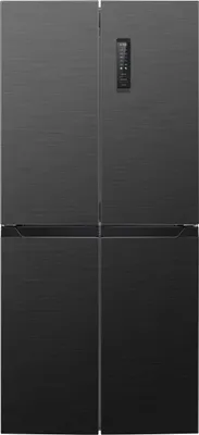A front view of a black French door refrigerator.