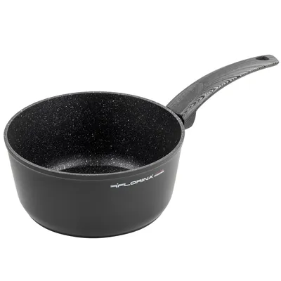 A black saucepan with a speckled interior and a gray handle is shown against a white background.