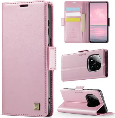 Produktbild von Lederhülle für Xiaomi Redmi Note 14 Pro 4G, RFID Schutz Handyhülle mit Magnetverschluss, Kartenfächern und Ständer Pink
