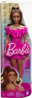 Produktbild von Barbie Fashionista Modepuppe mit gewellten Haaren, schulterfreies Kleid, schwarze Schuhe, 1977 Style, Mattel HRH15