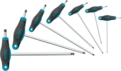 A set of seven T-handle Allen wrenches arranged diagonally on a white background.