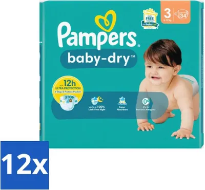 Image de Pampers – Couches – Baby-Dry taille 3 (6-10 kg) – 34 couches – Pack économique – 12 pièces