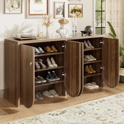 Image de okwish Buffet 4 portes avec étagères réglables et poignées alu, meuble rangement imitation noyer pour salon, salle à manger et couloir