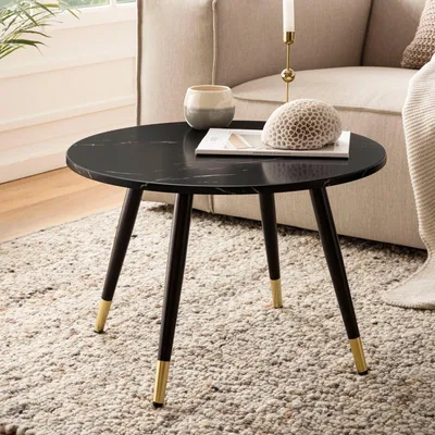 Immagine prodotto di Tavolino FineBuy 60x60x41 cm con effetto marmo nero, design moderno, tavolino da salotto con struttura in metallo, tavolino da divano, tavolino rotondo, tavolino da salotto