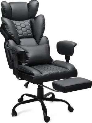 Zdjęcie produktu dla Krzesło gamingowe Bettizia – ergonomiczne krzesło biurowe z regulowanym podnóżkiem, nośność 150 kg, kąt pochylenia 135°, podparcie lędźwiowe – krzesło do komputera, krzesło biurkowe