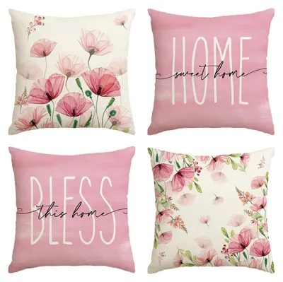Produktbild von 4er-Set Kissenbezüge mit Mohnblattmotiv, 45 x 45 cm, dekorative Kissenbezüge für Sofa und Wohnzimmer