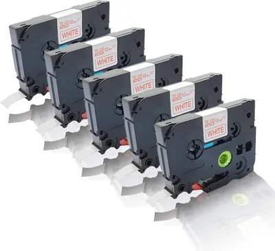 Produktbild von Print-Klex 5x Schriftband kompatibel kompatibel mit Bother P-Touch H100 P-Touch H100LB P-Touch H100R P-Touch H100Series P-Touch H105 WB Rot auf Weiß 12mm TZ232 Label Tape