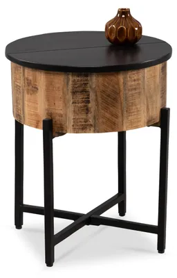 Beistelltisch rund, Mangoholz schwarz, 56x45 cm, mit Klappdeckel