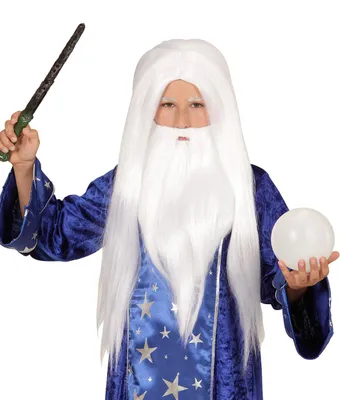 Produktbild von Weiße Zauberer Perücke mit Bart für Kinder als Kostümzubehör für Halloween & Karneval