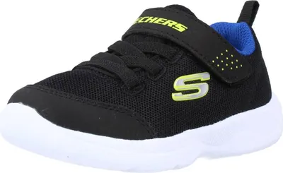 A single black Skechers sneaker with blue and yellow accents is shown from a side angle against a white background.