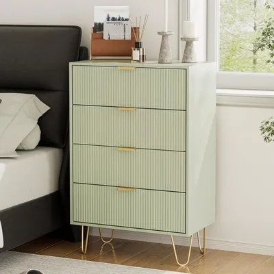 Immagine prodotto di Comodino o mobiletto contenitore con 4 cassetti, dimensioni 34x60x91 cm, colore verde, realizzato in legno con gambe dorate