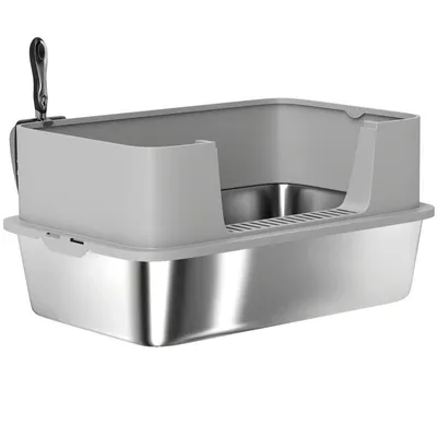 Produktbild von Katzentoilette – Extra große Edelstahl-Katzentoilette – Offene Toilette – Hoher Rand – Mit Schaufel – Auslaufsicher – 60.2 x 40.2 x 29,5 cm – Grau