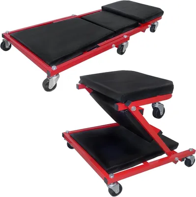Productafbeelding van QEENTOE 2-in-1 werkplaatsbank met wielen, inklapbare werkplaatsbank en montagekruk, 6 stuks 360° draaiwielen, belastbaar tot 150 kg, geschikt voor autoreparatie