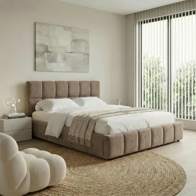 Produktbild von Polsterbett EMILIA 180x200 cm, Braun - Bett mit Lattenrost, Bettgestell mit gepolstertem Kopfteil, Stoffbett mit moderner Steppung, Modernes Design und stabile Konstruktion