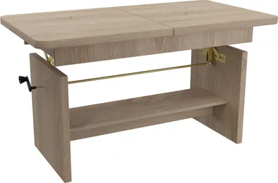 A light brown wooden coffee table with a shelf and a crank mechanism to adjust its height.