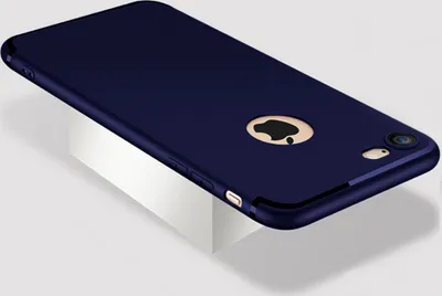A dark blue iPhone case is shown on a white pedestal against a light gray background.