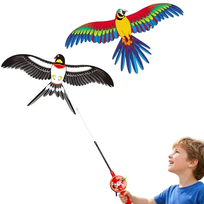 Imagen del producto de Conjunto de 2 cometas tipo "Taschenflieger", con diseños de golondrinas y loros, de 35 x 19 cm, para niños, ideales para volar en el parque