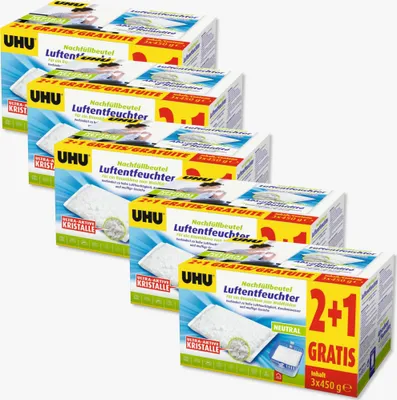 A stack of UHU Luftentfeuchter (air dehumidifier) refill bags.