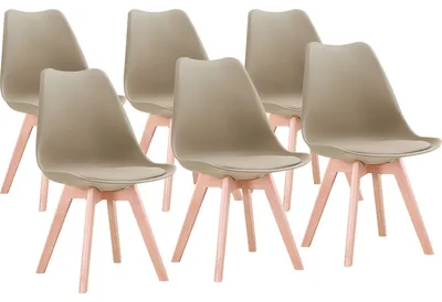 Image de Ensemble de 6 chaises de salle à manger - revêtement beige clair - design ergonomique - pieds en bois de hêtre massif