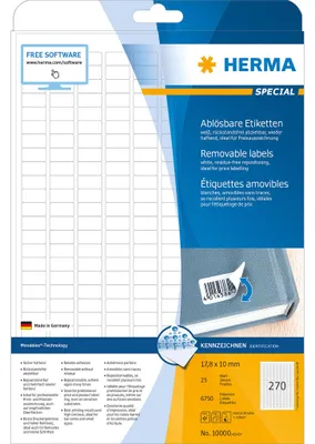 Zdjęcie produktu dla HERMA 10000, Biały, Samoprzylepne etykiety do drukowania, A4, Papier, Laser/Atrament, Wyjmowana