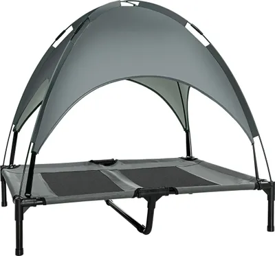 Produktbild von PawHut Erhöhtes Hundebett mit Baldachin, Haustierbett, Hundeliege outdoor mit Dach, Atmungsaktiv, Taftstoff für Camping Grau 92 x 76 x 90 cm