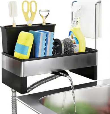 Produktbild von Küchen Spülbecken Organizer – Schwammhalter mit automatischer Abflussfunktion – für Schwmme, Bürsten & Handtücher (Küche), Spülutensilien-Aufbewahrung & Küchenorganisation (Schwarz)