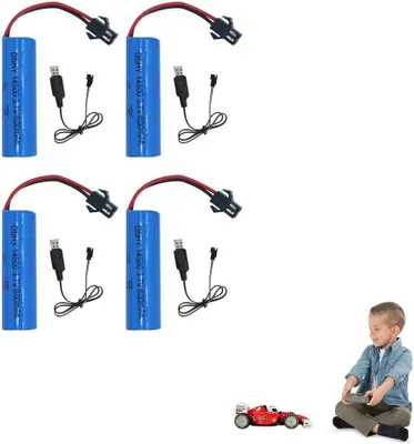 Produktbild von 4er Set 14500 Li-Ion Akku 3,7V 800mAh Wiederaufladbare Lithium Ionen Batterie mit 4 USB Ladegeräten SM-2P Stecker, RC Batterie für RC Fahrzeuge Buggys