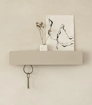 Produktbild von Unyqoos® Metall-Schlüsselhalter mit Ablage und 6 versteckten Haken – Wandmontage, Ablage 3,4 cm, taupe, Schrauben & Dübel inklusive