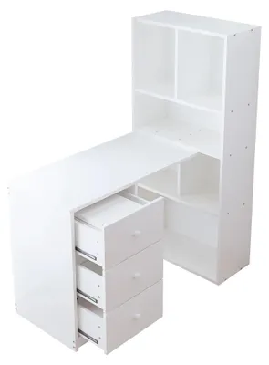 Produktbild von Eckschreibtisch mit Bücherregal - Schreibtisch und Schminktisch - Maße 117 × 63 × 135 cm - 4 Ablagefächer - 3 Ausziehbare Schubladen - Holz - Modernes Design
